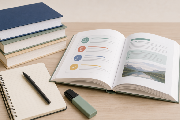 Libro educativo abierto con diseño claro y material de estudio sobre mesa de trabajo – imprimelibros.com