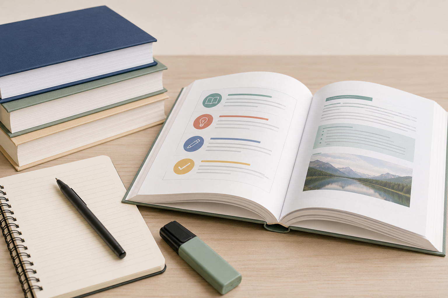 Libro educativo abierto con diseño claro y material de estudio sobre mesa de trabajo – imprimelibros.com
