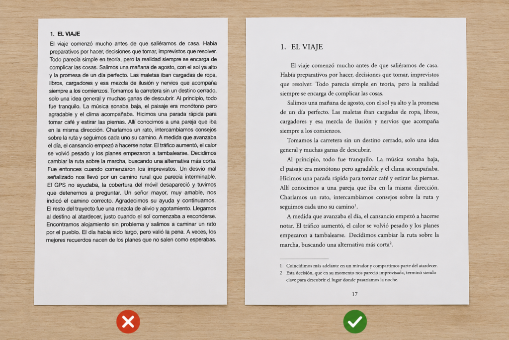 Comparativa entre una maquetación profesional y una maquetación amateur en páginas interiores de un libro