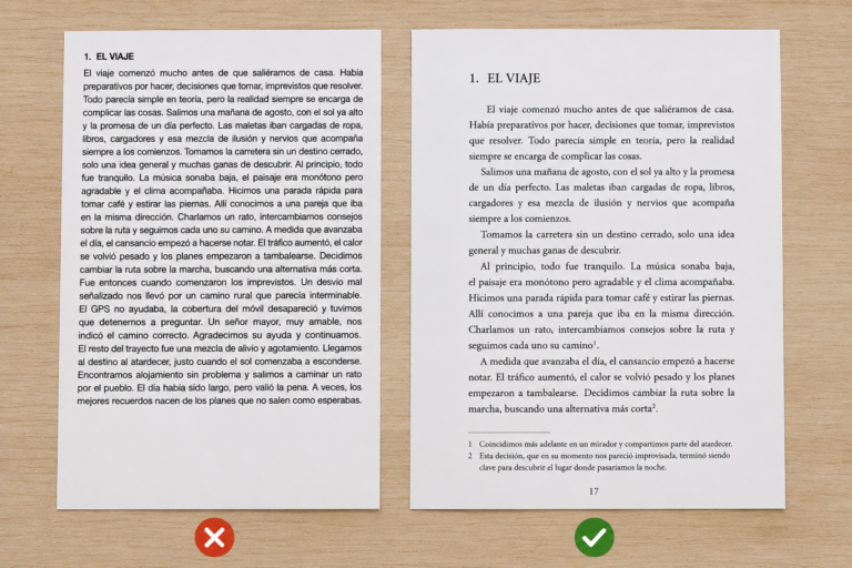 Comparativa entre una maquetación profesional y una maquetación amateur en páginas interiores de un libro
