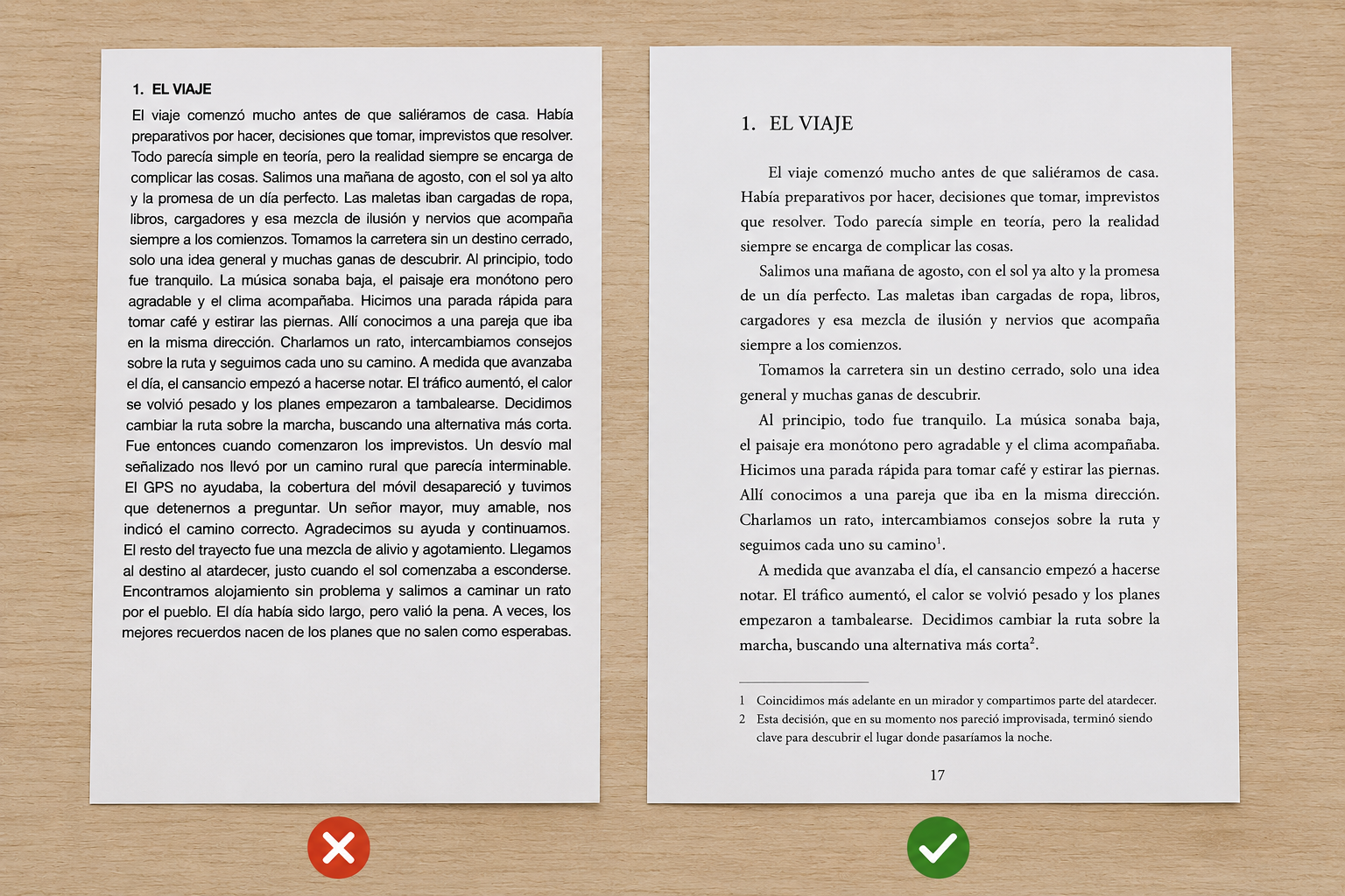 Comparativa entre una maquetación profesional y una maquetación amateur en páginas interiores de un libro