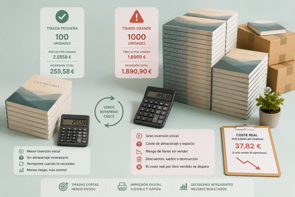 Comparativa entre tiradas cortas y grandes tiradas en impresión digital de libros mostrando costes reales y riesgo de sobrantes