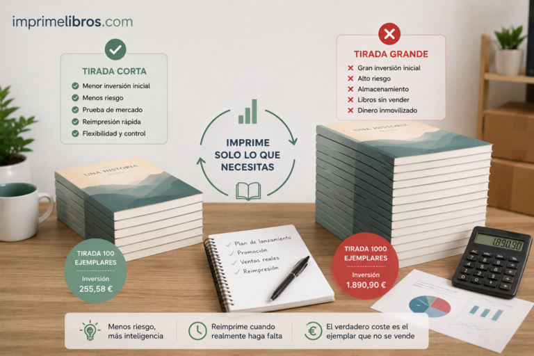 Comparativa entre una tirada corta y una gran tirada de libros mostrando por qué imprimir solo los ejemplares necesarios reduce el riesgo económico.