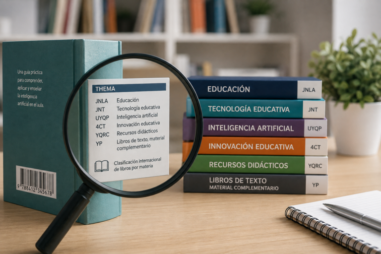 Ordenador mostrando una ficha bibliográfica de un libro con códigos Thema y clasificación editorial para su distribución en librerías.